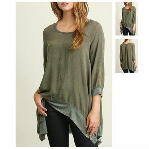 Umgee Olive Asymmetrical Hem Blouse